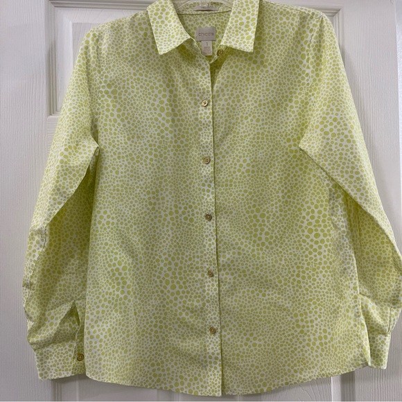 Chico’s Women’s Size 1 (M) Lime Green Spotted Button Up Shirt Long Sleeve Spring - Picture 4 of 7